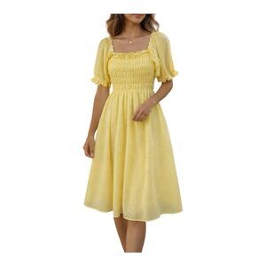 Indigo Rose Smocked Bodice Dress Large Yellow Swiss Dot Puff Sleeve Cottagecore